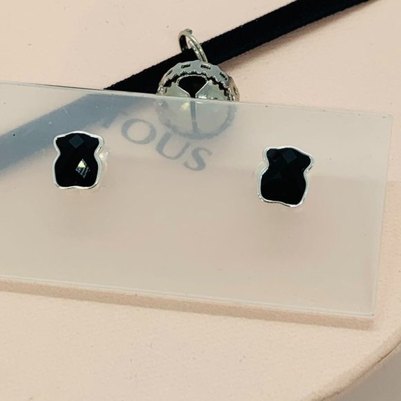 TOUS Silver Black Bear Earrings with faceted onyx Jewelry - Picture 1 of 6